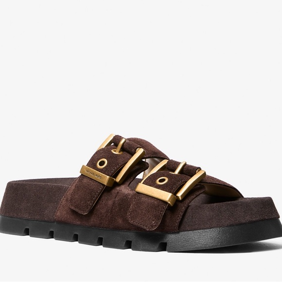 Michael Kors Colby Suede Dark Brown Sandals with Gold Accents - Picture 1 of 6